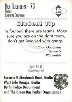 1995 Green Bay Packers Police - Farmers & Merchants Bank, Berlin West Side Garage, Berlin Police Department #14 Ken Ruettgers Back