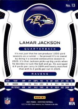 2021 Panini Certified #13 Lamar Jackson Back