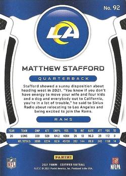 2021 Panini Certified #92 Matthew Stafford Back