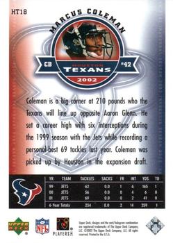2002 Upper Deck Houston Texans Inaugural Season #HT18 Marcus Coleman Back
