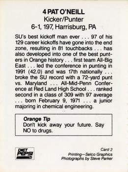 1992 Syracuse Orangemen Program Cards #2 Pat O'Neill Back