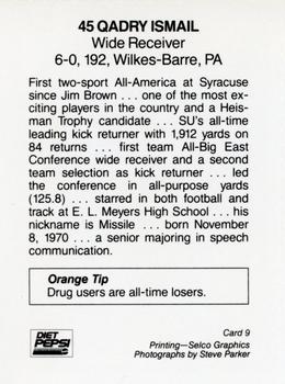 1992 Syracuse Orangemen Program Cards #9 Qadry Ismail Back