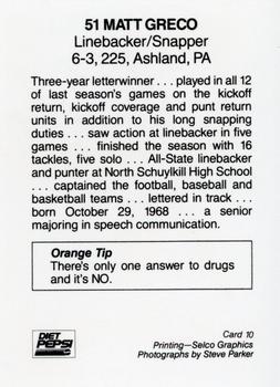 1992 Syracuse Orangemen Program Cards #10 Matt Greco Back