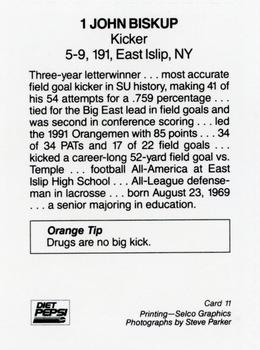 1992 Syracuse Orangemen Program Cards #11 John Biskup Back