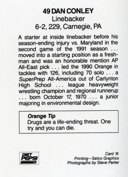 1992 Syracuse Orangemen Program Cards #16 Dan Conley Back