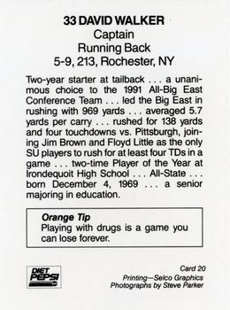 1992 Syracuse Orangemen Program Cards #20 David Walker Back