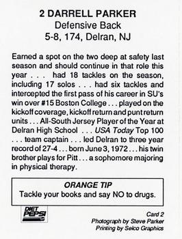 1993 Syracuse Orangemen Program Cards #2 Darrell Parker Back