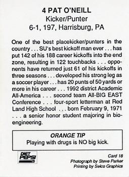 1993 Syracuse Orangemen Program Cards #18 Pat O'Neill Back