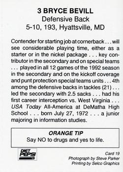 1993 Syracuse Orangemen Program Cards #19 Bryce Bevill Back