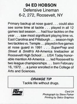 1993 Syracuse Orangemen Program Cards #24 Ed Hobson Back
