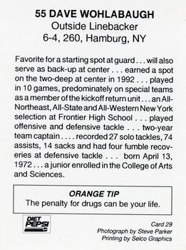 1993 Syracuse Orangemen Program Cards #29 Dave Wohlabaugh Back
