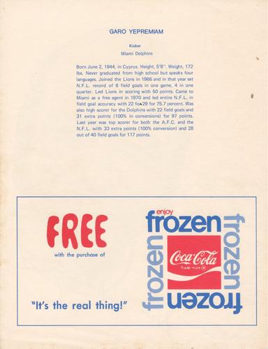 1972 Coca-Cola #NNO Garo Yepremian Back