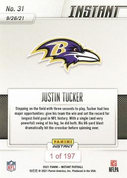 2021 Panini Instant NFL #31 Justin Tucker Back