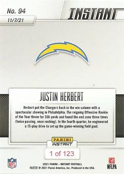 2021 Panini Instant NFL #94 Justin Herbert Back