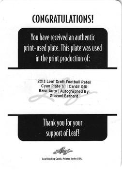2013 Leaf Draft - Autographs Printing Plate Cyan #BA-GB1 Giovani Bernard Back