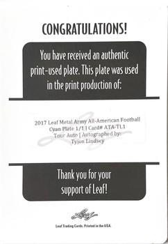 2017 Leaf Metal U.S. Army All-American Bowl - Tour Autographs Printing Plates Cyan #ATA-TL1 Tyjon Lindsey Back