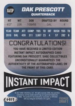 2017 SAGE HIT - Instant Impact Autographs Red #IIA/DP Dak Prescott Back