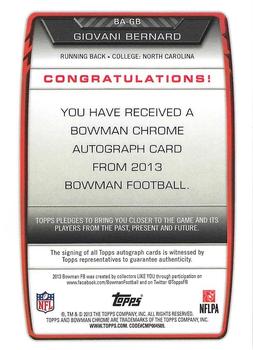 2013 Bowman - Chrome Autographs #BA-GB Giovani Bernard Back