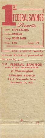 1958-59 1st Federal Savings Washington Redskins Matchbooks #NNO Steve Bagarus Back