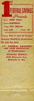 1958-59 1st Federal Savings Washington Redskins Matchbooks #NNO Sammy Baugh Back