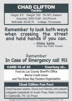 2006 Green Bay Packers Police - Fond du Lac County Sheriff's Office, Marine Credit Union #16 Chad Clifton Back