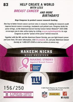 2011 Panini Gridiron Gear - A Crucial Catch (Breast Cancer Awareness Pink) #83 Hakeem Nicks Back