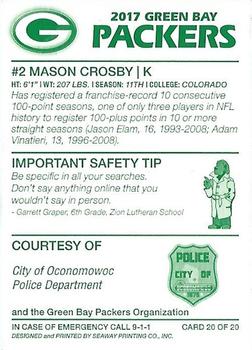 2017 Green Bay Packers Police - City of Oconomowoc Police Department #20 Mason Crosby Back
