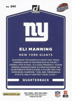 2021 Donruss New York Giants Eli Manning Highlights #EM1 Eli Manning Back