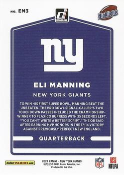 2021 Donruss New York Giants Eli Manning Highlights #EM3 Eli Manning Back