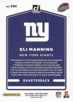 2021 Donruss New York Giants Eli Manning Highlights #EM5 Eli Manning Back