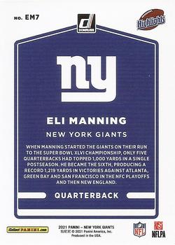 2021 Donruss New York Giants Eli Manning Highlights #EM7 Eli Manning Back