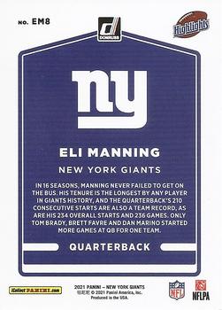 2021 Donruss New York Giants Eli Manning Highlights #EM8 Eli Manning Back