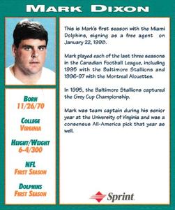 1998 Sprint Miami Dolphins #NNO Mark Dixon Back