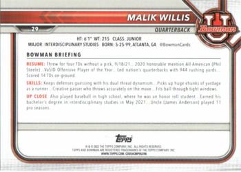 2021-22 Bowman University #29 Malik Willis Back