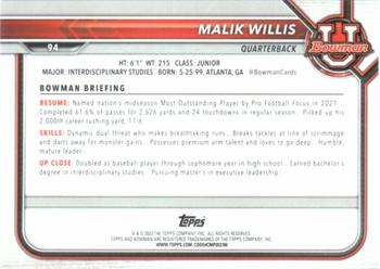 2021-22 Bowman University #94 Malik Willis Back