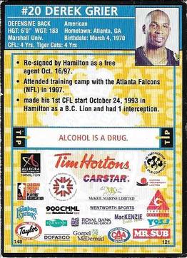 1998 Hamilton Tiger-Cats Police #NNO Derek Grier Back