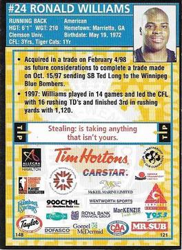 1998 Hamilton Tiger-Cats Police #NNO Ronald Williams Back