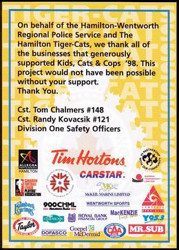 1998 Hamilton Tiger-Cats Police #NNO Mascot T.C. Back