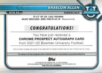 2021-22 Bowman University - Bowman Chrome Prospects Autographs #BCPA-BA Braelon Allen Back