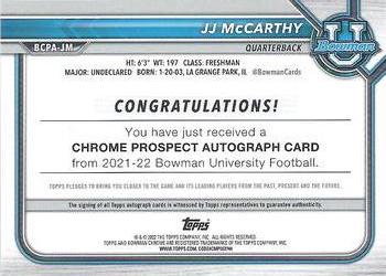 2021-22 Bowman University - Bowman Chrome Prospects Autographs #BCPA-JM JJ McCarthy Back