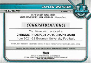 2021-22 Bowman University - Bowman Chrome Prospects Autographs Green #BCPA-JWA Jaylen Watson Back