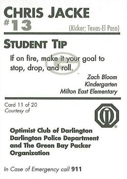 1996 Green Bay Packers Police - Optimist Club of Darlington, Darlington Police Department #11 Chris Jacke Back