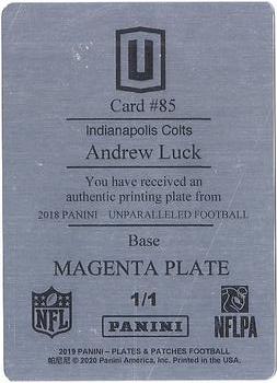 2019 Panini Plates & Patches - 2018 Panini Unparalleled Printing Plates Magenta #85 Andrew Luck Back