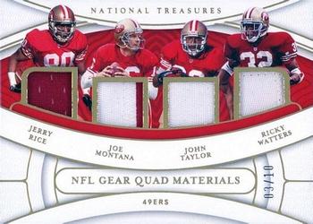 2021 Panini National Treasures - NFL Gear Quad Materials Holo Gold #QM-SF Jerry Rice / Joe Montana / John Taylor / Ricky Watters Front