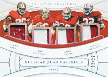 2021 Panini National Treasures - NFL Gear Quad Materials Holo Silver #QM-SF Jerry Rice / Joe Montana / John Taylor / Ricky Watters Front