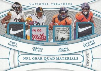 2021 Panini National Treasures - NFL Gear Quad Materials Laundry Tag Brand Logo #QM-NJJJ Najee Harris / Jerome Bettis / Jamaal Charles / Javonte Williams Front