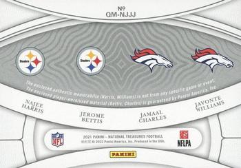 2021 Panini National Treasures - NFL Gear Quad Materials Laundry Tag Brand Logo #QM-NJJJ Najee Harris / Jerome Bettis / Jamaal Charles / Javonte Williams Back