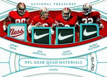 2021 Panini National Treasures - NFL Gear Quad Materials Laundry Tag Brand Logo #QM-SF Jerry Rice / Joe Montana / John Taylor / Ricky Watters Front