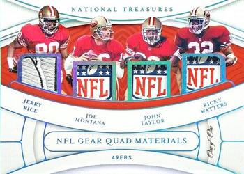2021 Panini National Treasures - NFL Gear Quad Materials Laundry Tag NFL Shield #QM-SF Jerry Rice / Joe Montana / John Taylor / Ricky Watters Front