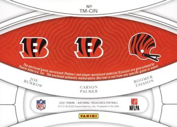 2021 Panini National Treasures - NFL Gear Trio Materials Laundry Tag Brand Logo #TM-CIN Joe Burrow / Carson Palmer / Boomer Esiason Back